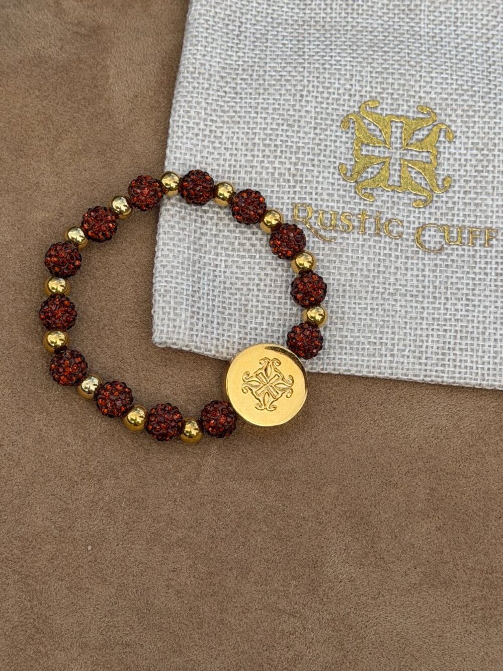 Rustic Cuff Rust Beaded Bracelet Gold with Bag